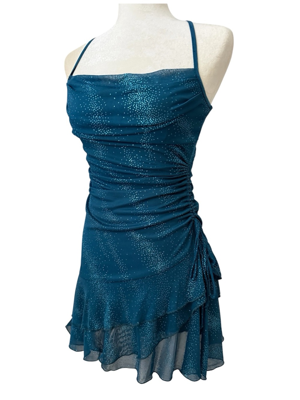 MARIPOSA Teal Sparkle Ruched Slip Dress Fairycore Fairy